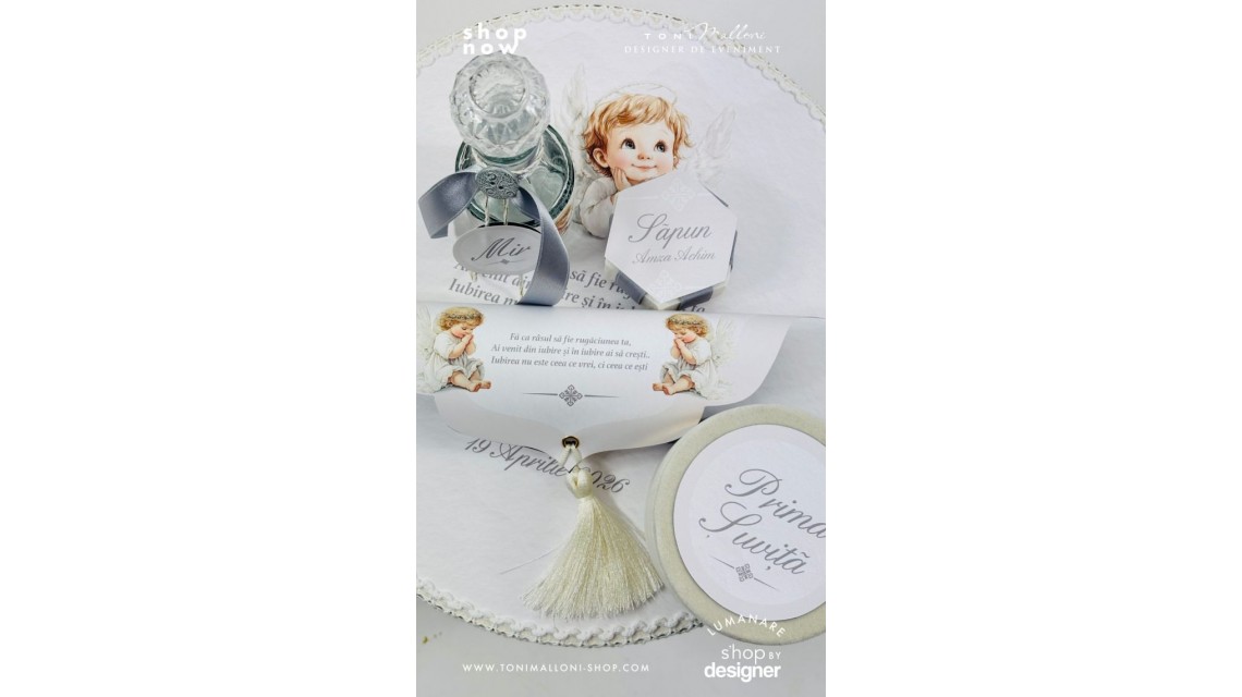 Trusou botez băiat Înger Alb elegant cu îngerași și aripi brodate 11